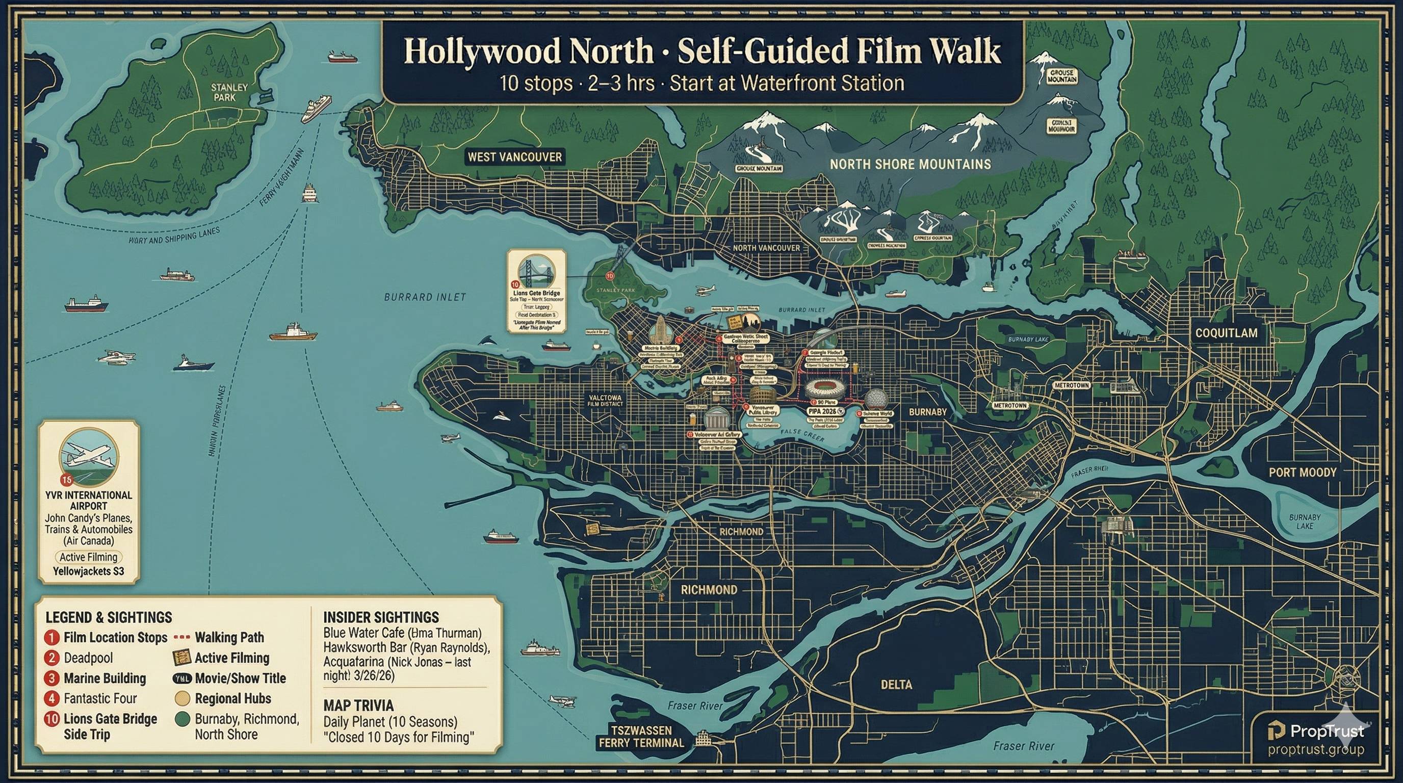 Hollywood North — Metro Vancouver film locations, active filming, celebrity sightings, and self-guided walk route